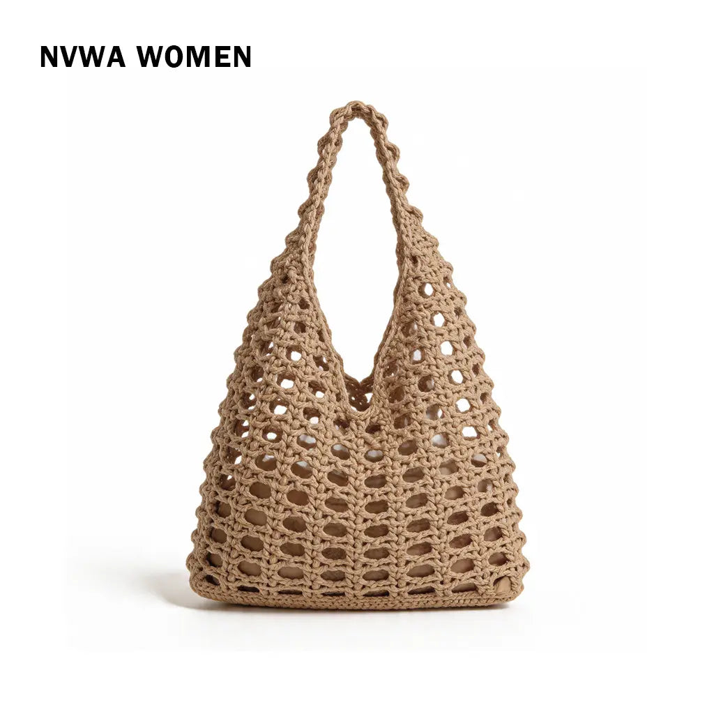 The Boho Crochet Tote - Elegant Beige Macrame Net Bag with Inner Lining for Summer Beach Market