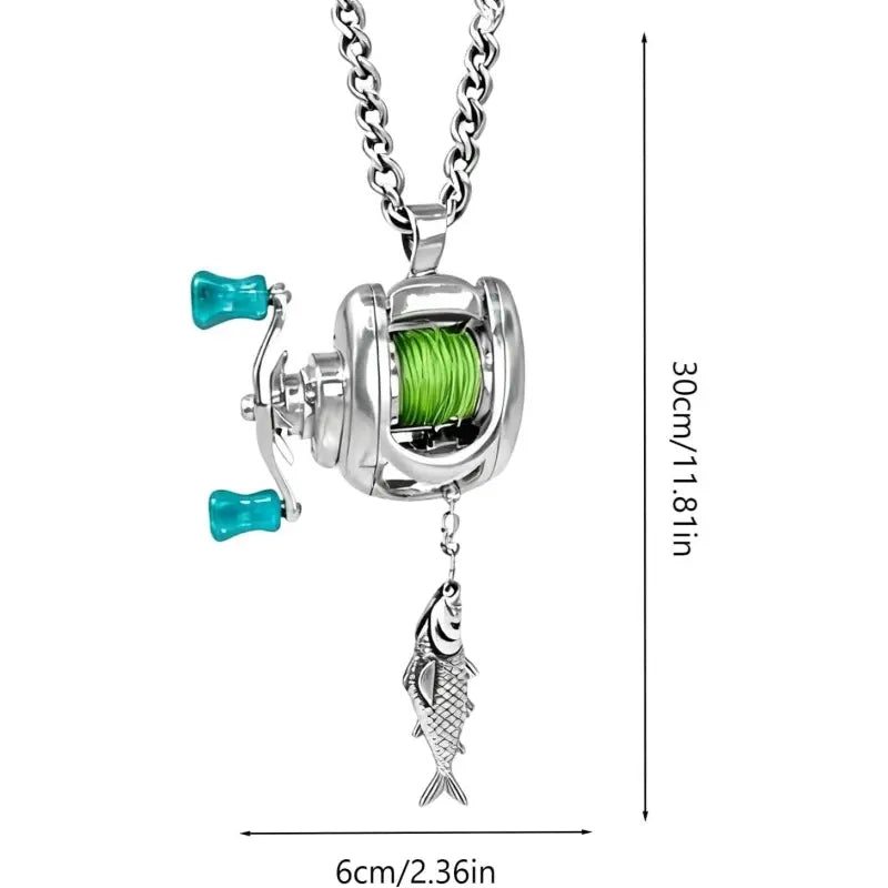 Mini Fishing Reel Necklace, Interactive Stainless Steel Pendant with Real Adjustable Line & Fish Charm , Unique Fidget Gift for Anglers, Dad, Fisherman
