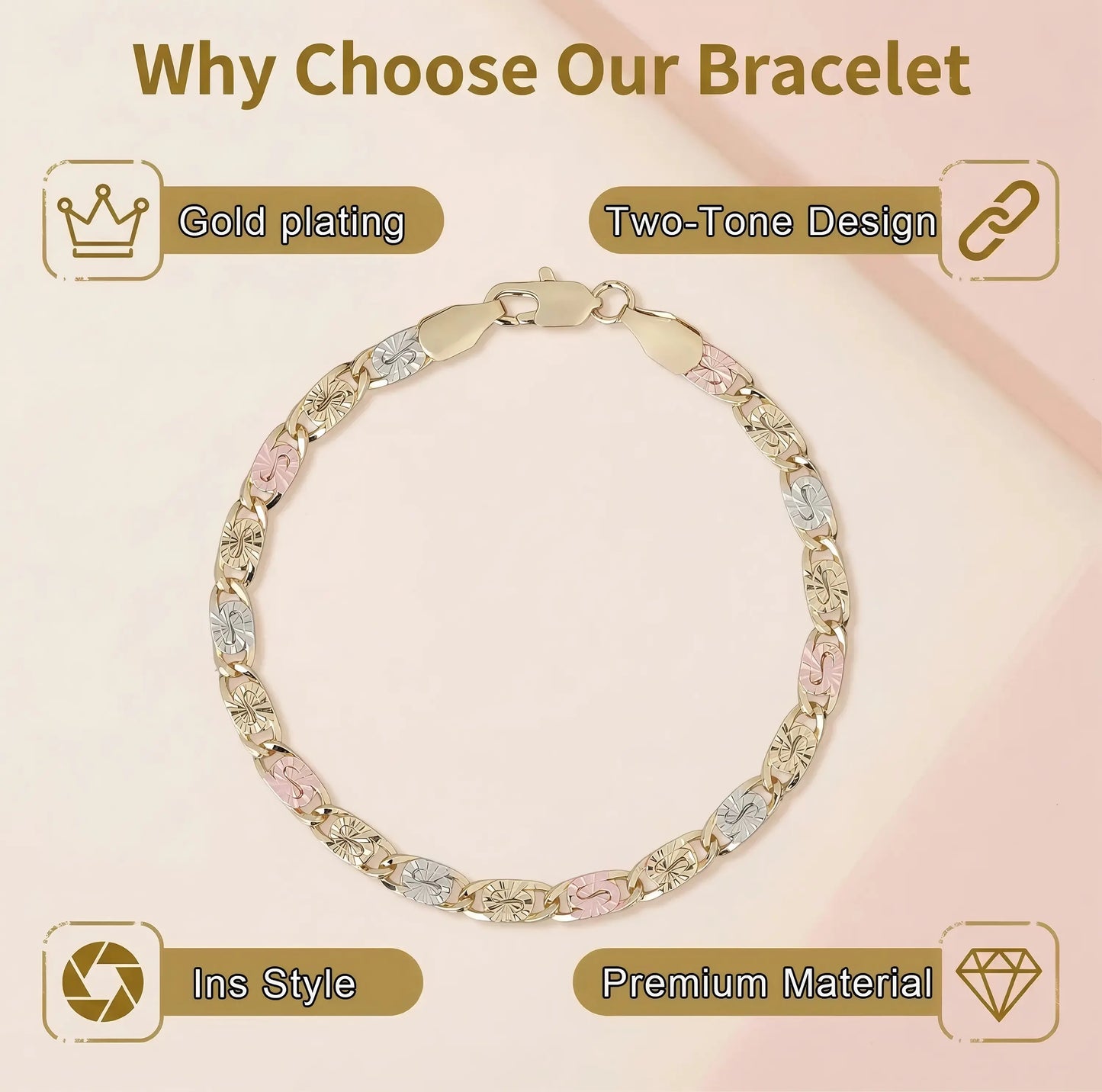 Modern Spliced Square Chain Bracelet • Stylish Gold Tone Accessory for Him & Her