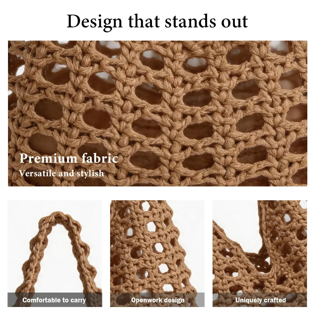 The Boho Crochet Tote - Elegant Beige Macrame Net Bag with Inner Lining for Summer Beach Market