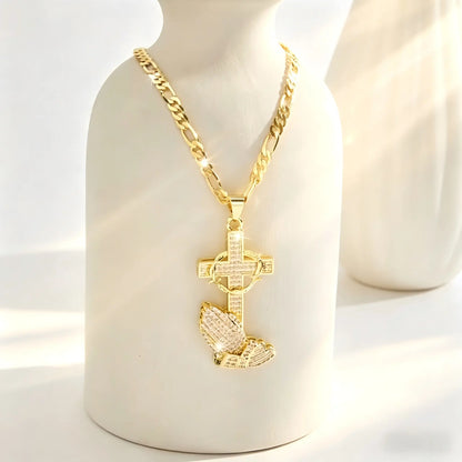 14K Gold Plated Boho Style Pendant Necklace with Cross & Prayer Hand Design - Sparkling Zirconia, Elegant Religious Jewelry for Weddings, Parties, and Special Occasions, Festive Accessory|Bohoinspired Design|Durable Chain, Christian Jewelry