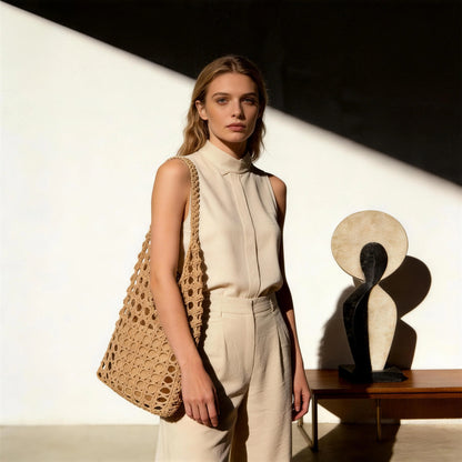 The Boho Crochet Tote - Elegant Beige Macrame Net Bag with Inner Lining for Summer Beach Market
