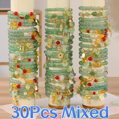 15/30Pcs Elegant Green Glass Elastic Bracelet Set - with Flower Butterfly Peanut Charm, Ideal for Daily & Gift Occasions Accessory