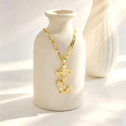 14K Gold Plated Boho Style Pendant Necklace with Cross & Prayer Hand Design - Sparkling Zirconia, Elegant Religious Jewelry for Weddings, Parties, and Special Occasions, Festive Accessory|Bohoinspired Design|Durable Chain, Christian Jewelry