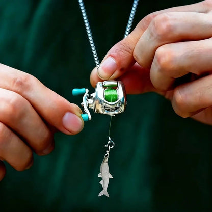 Mini Fishing Reel Necklace, Interactive Stainless Steel Pendant with Real Adjustable Line & Fish Charm , Unique Fidget Gift for Anglers, Dad, Fisherman