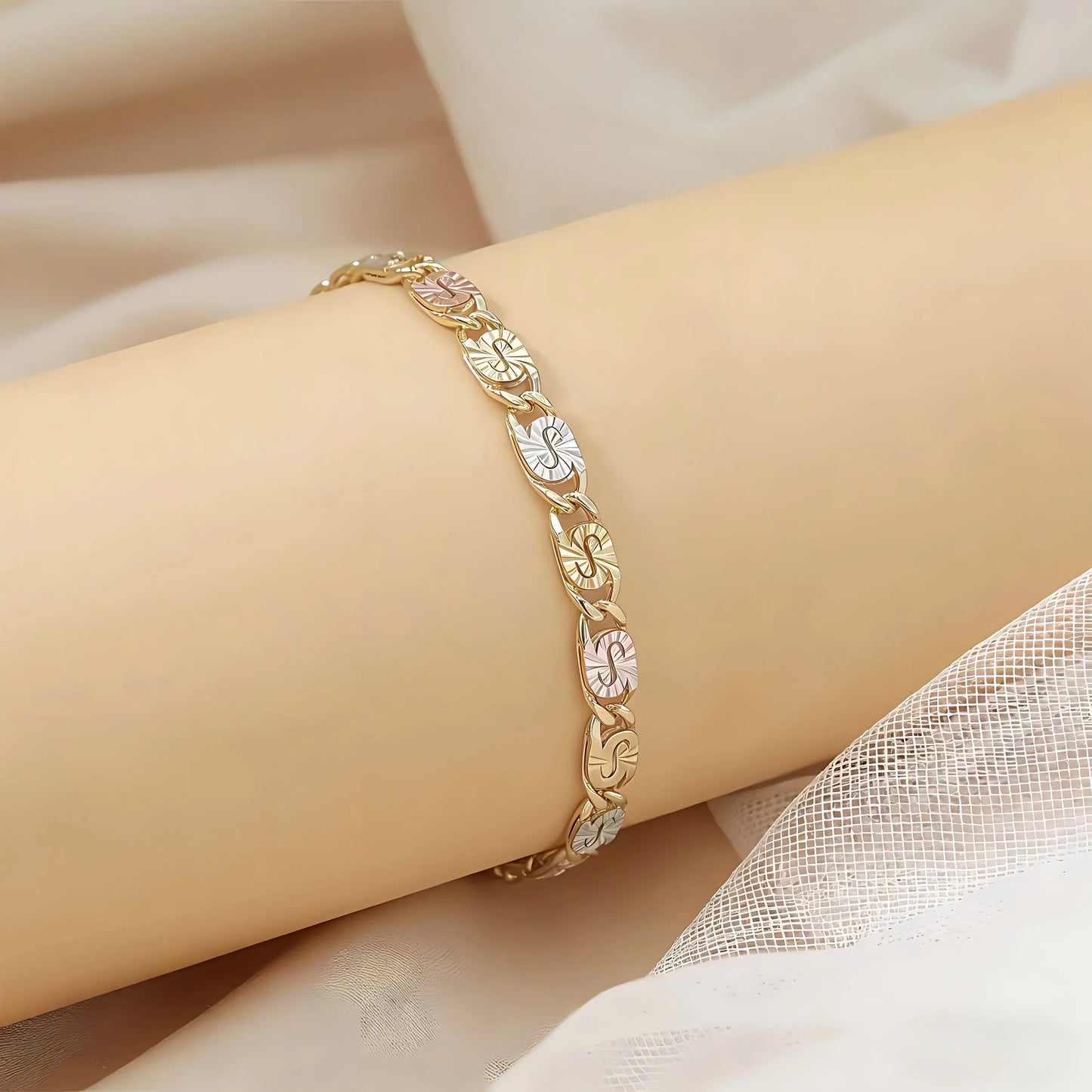 Modern Spliced Square Chain Bracelet • Stylish Gold Tone Accessory for Him & Her