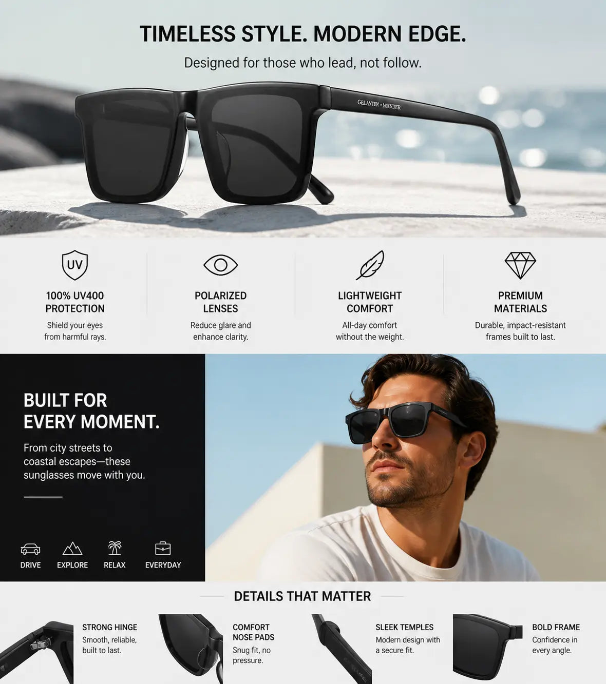 Polarized Sunglasses for Men & Women – UV400 Sun Protection, Anti-Glare Driving Glasses, Lightweight Sports Sunglasses, Fashionable Unisex Design
