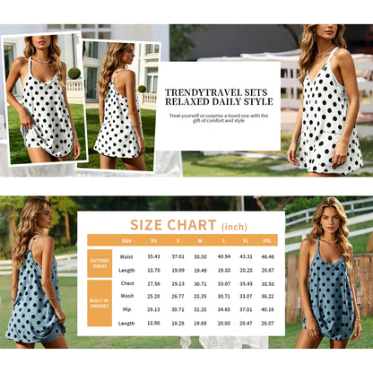Tanming Women'S Sleeveless V-Neck Spaghetti Strap Summer Polka Dot Tennis Dress with Built-In Shorts & Pockets, Versatile for Active, Athleisure, Comfortable & Daily Casual Use, Active Casual Dresses