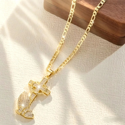 14K Gold Plated Boho Style Pendant Necklace with Cross & Prayer Hand Design - Sparkling Zirconia, Elegant Religious Jewelry for Weddings, Parties, and Special Occasions, Festive Accessory|Bohoinspired Design|Durable Chain, Christian Jewelry