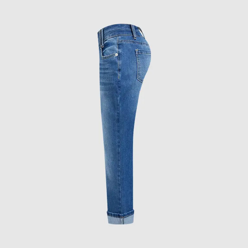 Flamingals Roll Hem Dual Button Mid Waist Straight Leg Crop Jeans Womenswear Stretchy 21.5" Inseam