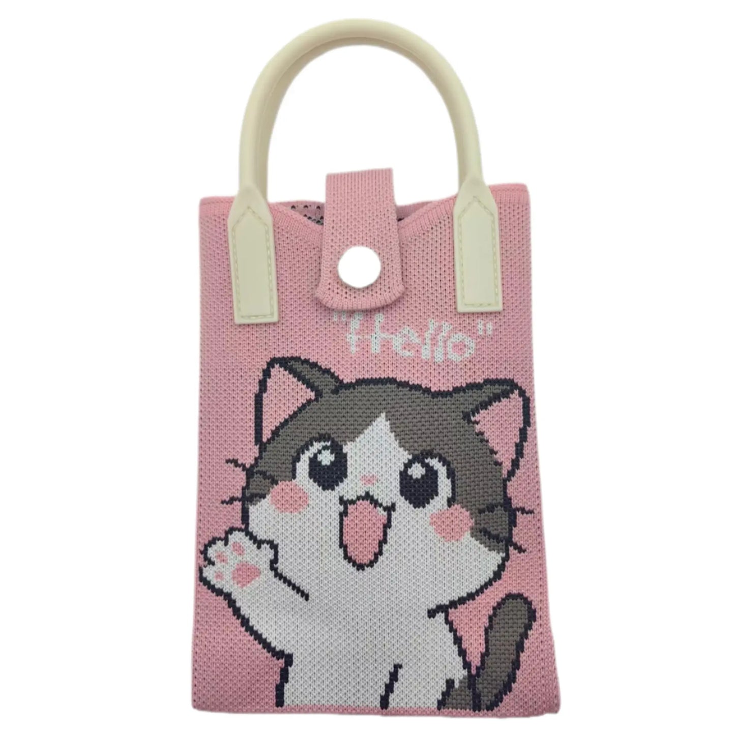 Cute Cat Phone Tote Bag Mini Knit Crossbody Bag Women Small Handbag with Shoulder Strap 4.72 X 7.09 X 1.97 Inches Practical Crochet Pouch for Cell Phone Keys and Lipsticks