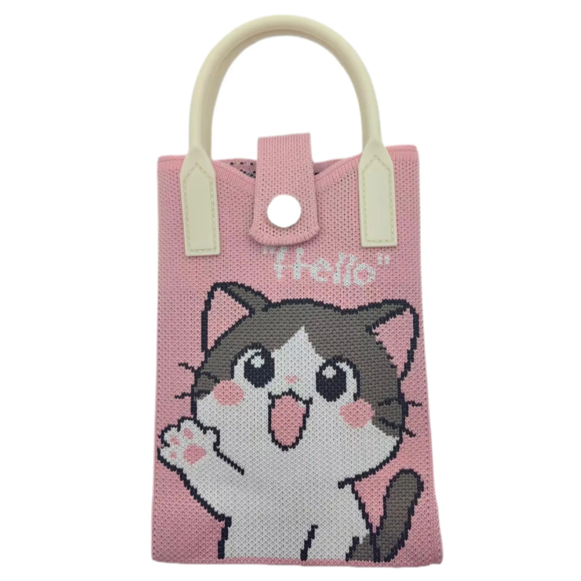 Cute Cat Phone Tote Bag Mini Knit Crossbody Bag Women Small Handbag with Shoulder Strap 4.72 X 7.09 X 1.97 Inches Practical Crochet Pouch for Cell Phone Keys and Lipsticks