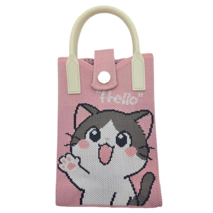 Cute Cat Phone Tote Bag Mini Knit Crossbody Bag Women Small Handbag with Shoulder Strap 4.72 X 7.09 X 1.97 Inches Practical Crochet Pouch for Cell Phone Keys and Lipsticks