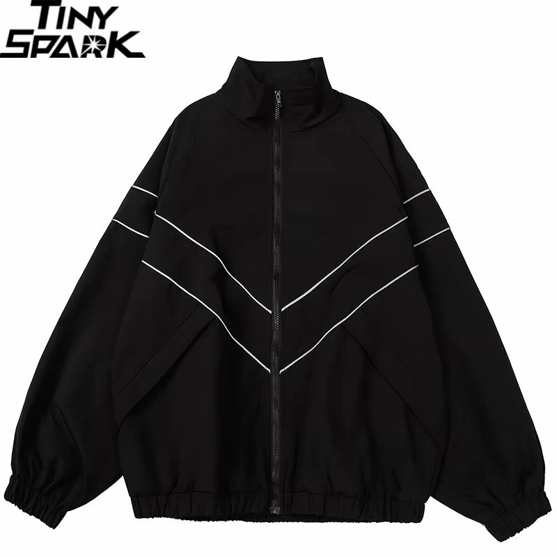 Elevate Your Style with Our Reflective Striped Hip Hop Jacket! Perfect for Streetwear Lovers! 🖤💙 #Fashion #StreetStyle #Harajuku