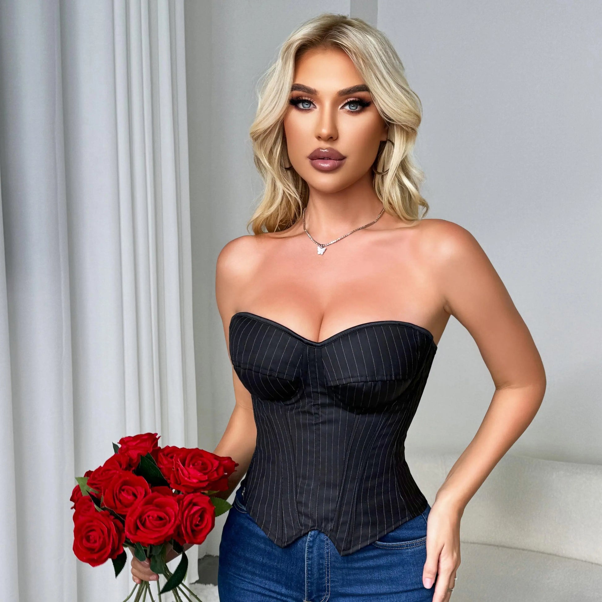 Overbust Corset Top Bustier Striped Padded Strapless Women Bodysuit Slimming Shapewear Suitable for Costume Party Halloweenwomen'S Striped Blazer-Style Boned Corset Top Built-In Underwire Cups Side-Zip Slimming Shapewear Costume 547-D
