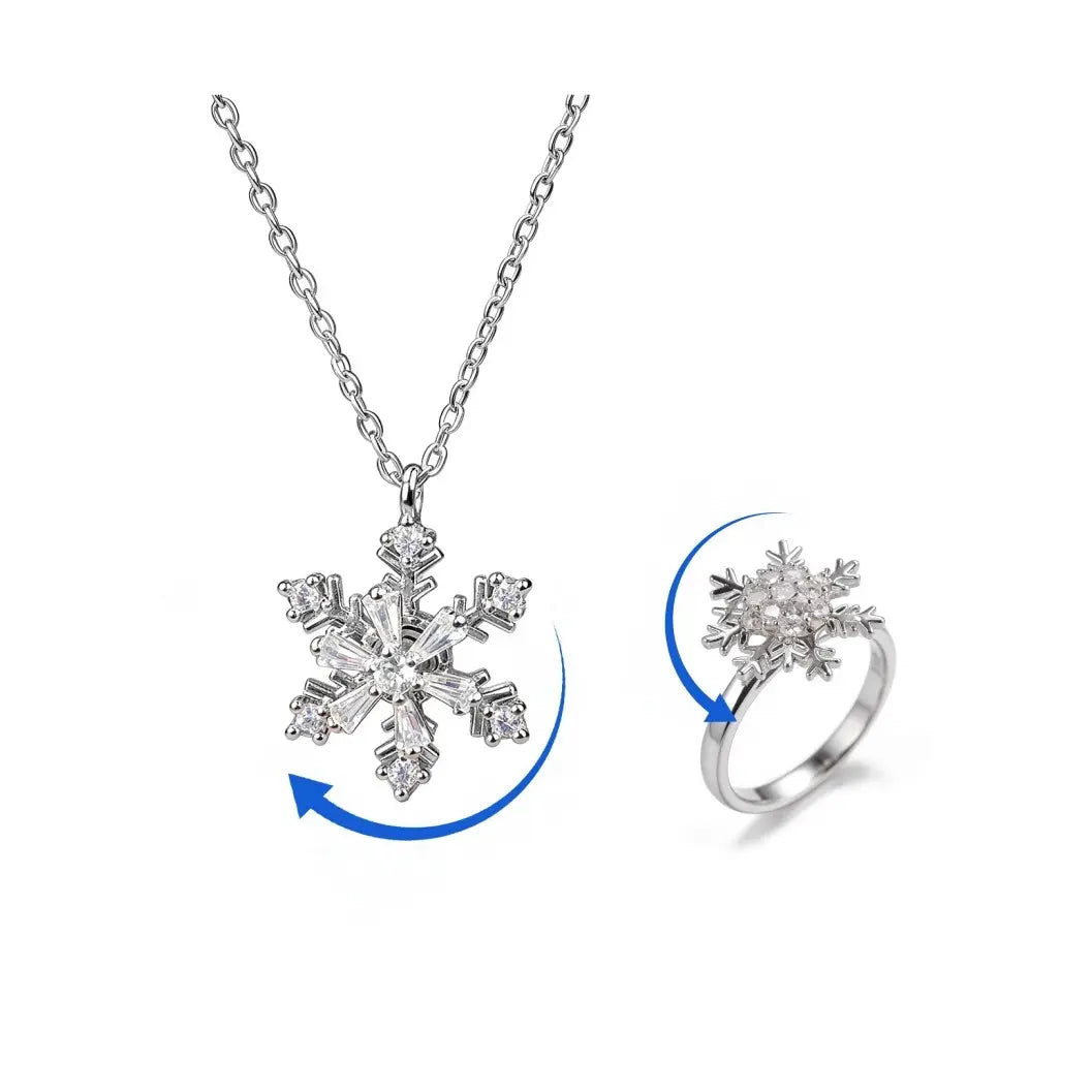 Snowflake Spinner Ring & Pendant Set, Sparkling Cubic Zirconia, Hypoallergenic, No Fading, Open Ring, 16-18'' Necklace, Perfect Holiday Gift,Winter Jewelry