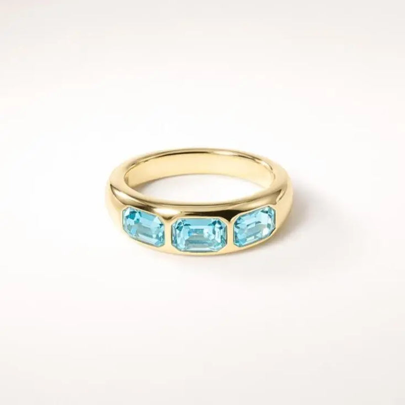 14K Gold Plated Triple Emerald-Cut Aquamarine Blue Dome Ring Chunky Statement Band for Women