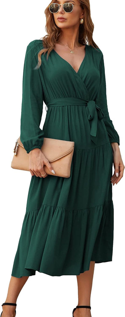 Elevate your fall style with our gorgeous Green Wrap V Neck Midi Dress! Perfect for parties and casual outings! 🍂💚✨ #Fashion #FallStyle #OOTD