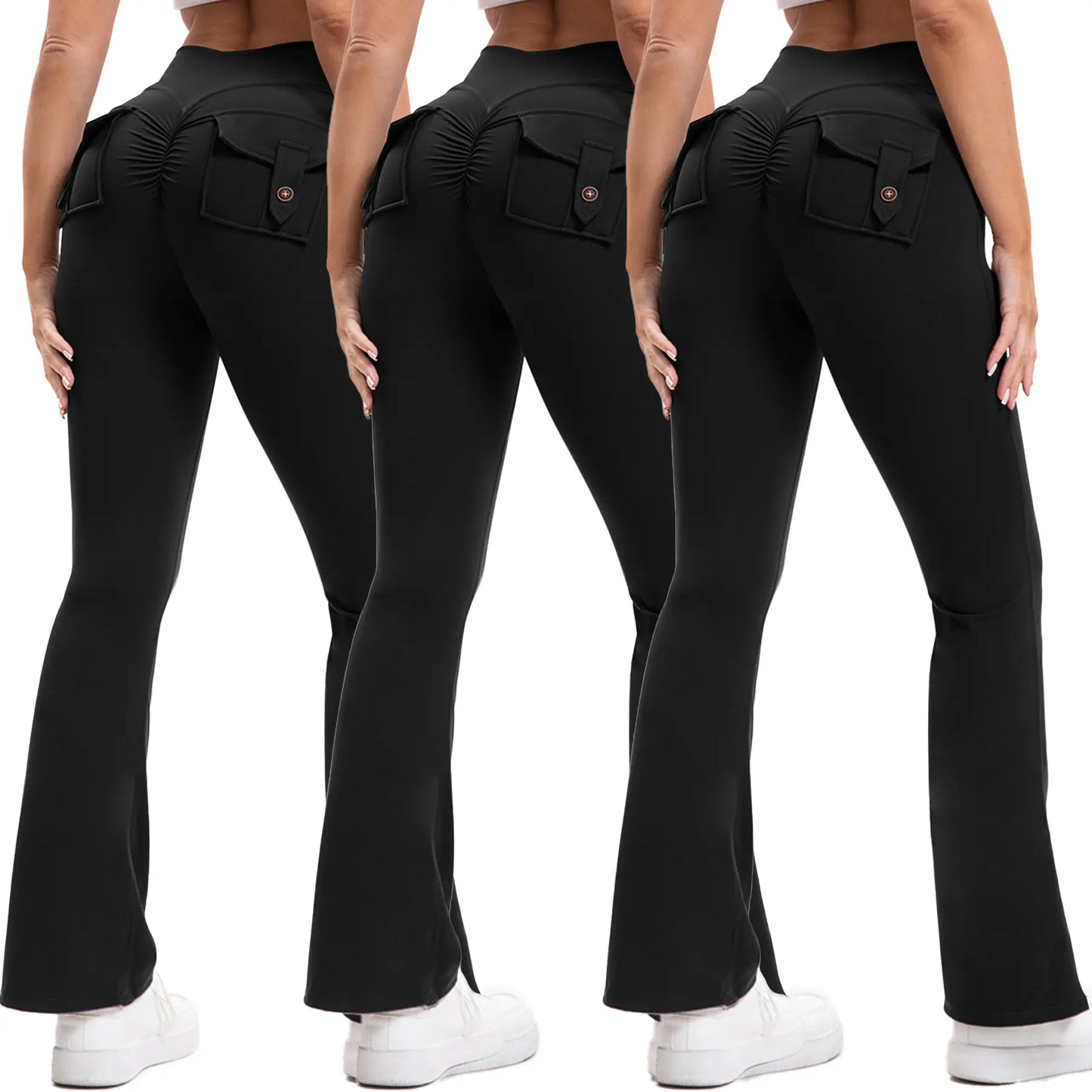 3PCS Women'S High-Waisted Boot Style Carved Pleated Buttocks Flare Leggings Stretch Training and Fitness Flared , Super Comfortable Daily Pants Shapewear Leggings Gym Exercise Leggings