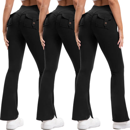 3PCS Women'S High-Waisted Boot Style Carved Pleated Buttocks Flare Leggings Stretch Training and Fitness Flared , Super Comfortable Daily Pants Shapewear Leggings Gym Exercise Leggings