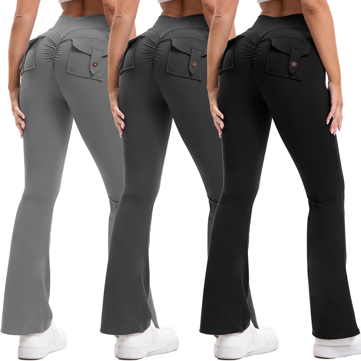 3PCS Women'S High-Waisted Boot Style Carved Pleated Buttocks Flare Leggings Stretch Training and Fitness Flared , Super Comfortable Daily Pants Shapewear Leggings Gym Exercise Leggings