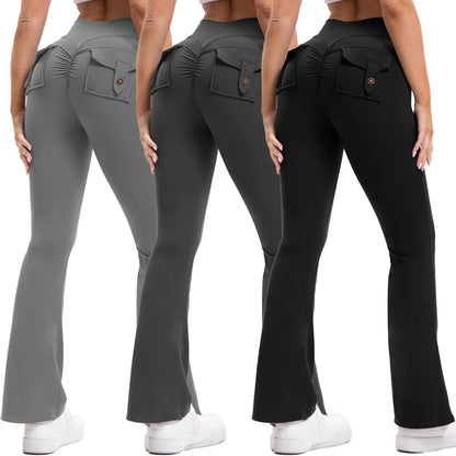 3PCS Women'S High-Waisted Boot Style Carved Pleated Buttocks Flare Leggings Stretch Training and Fitness Flared , Super Comfortable Daily Pants Shapewear Leggings Gym Exercise Leggings
