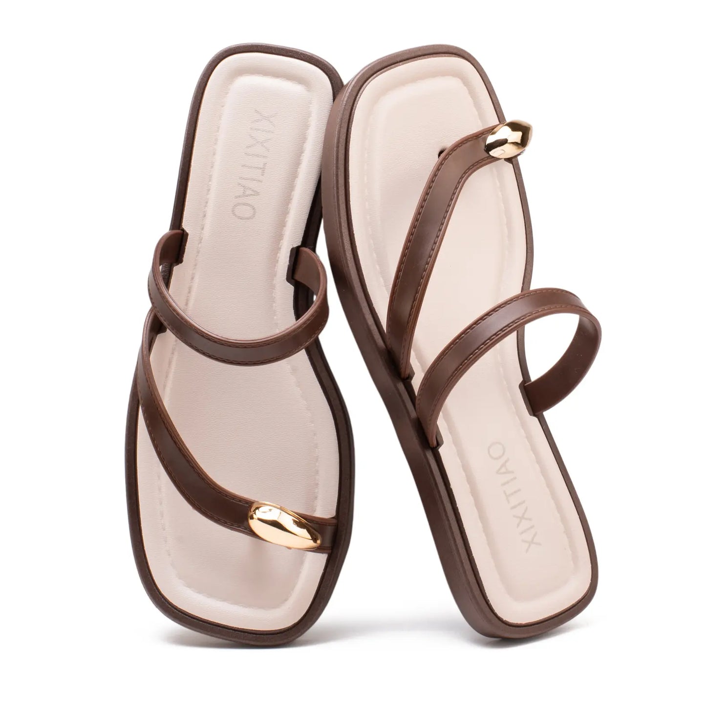 Women'S Cross Strap Flat Sandals Toe Ring Open Square Toe Thong Slides for Beach Summer Outdoor Casual Walking Shoes for Daily Wear