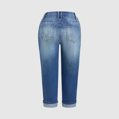 Flamingals Roll Hem Dual Button Mid Waist Straight Leg Crop Jeans Womenswear Stretchy 21.5" Inseam