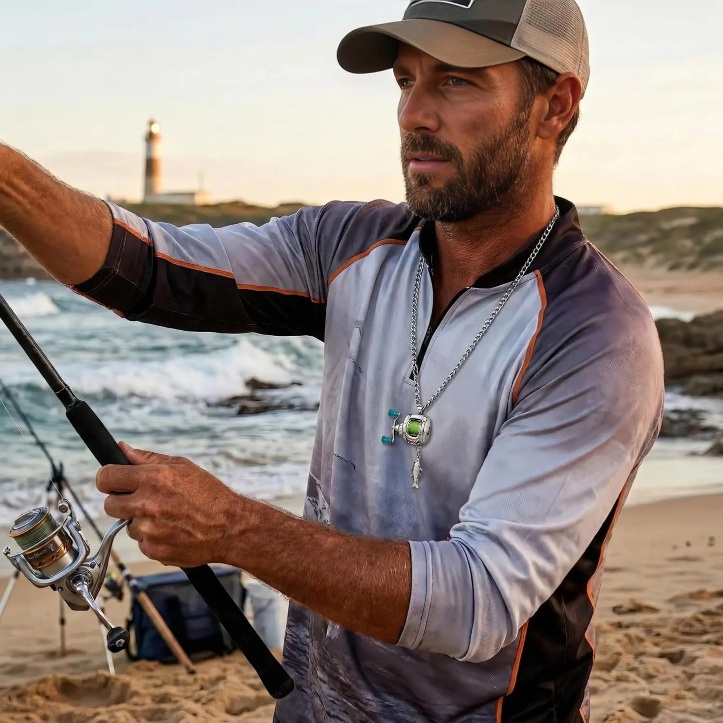 Mini Fishing Reel Necklace, Interactive Stainless Steel Pendant with Real Adjustable Line & Fish Charm , Unique Fidget Gift for Anglers, Dad, Fisherman