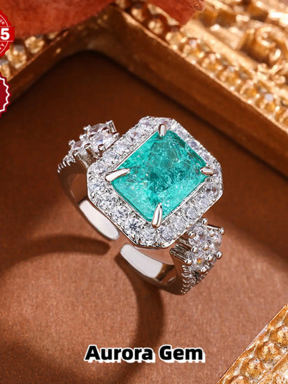 Silver Moissanite Women'S Open Ring, Imitation Emerald Tourmaline Fashion Band, Elegant Adjustable Wedding Ring, Luxury Jewelry Gift for Wife, Girlfriend, Birthday, Anniversary, Daily Party & Holiday Wear, Moissanite Rings