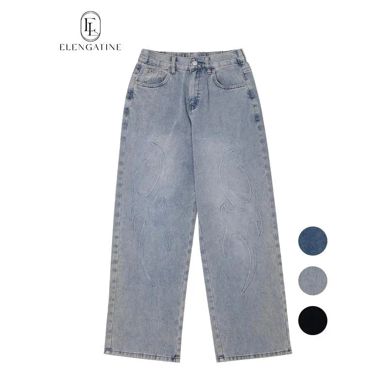Elengatine Embossed Flame Pattern Denim Jeans for Women Light Wash Loose Wide Leg Silhouette Elastic Waistband Y2K Streetwear Inspired Soft Viscose Cotton Blend Casual Outfits Stand Out Fashion Piece