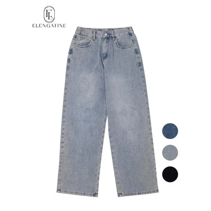 Elengatine Embossed Flame Pattern Denim Jeans for Women Light Wash Loose Wide Leg Silhouette Elastic Waistband Y2K Streetwear Inspired Soft Viscose Cotton Blend Casual Outfits Stand Out Fashion Piece