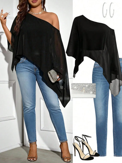 Women'S plus Size One Shoulder Blouse Asymmetrical Hem Cape Top Batwing Sleeve Flowy Tunic Elegant Sexy Party Date Night Clubwear Trendy