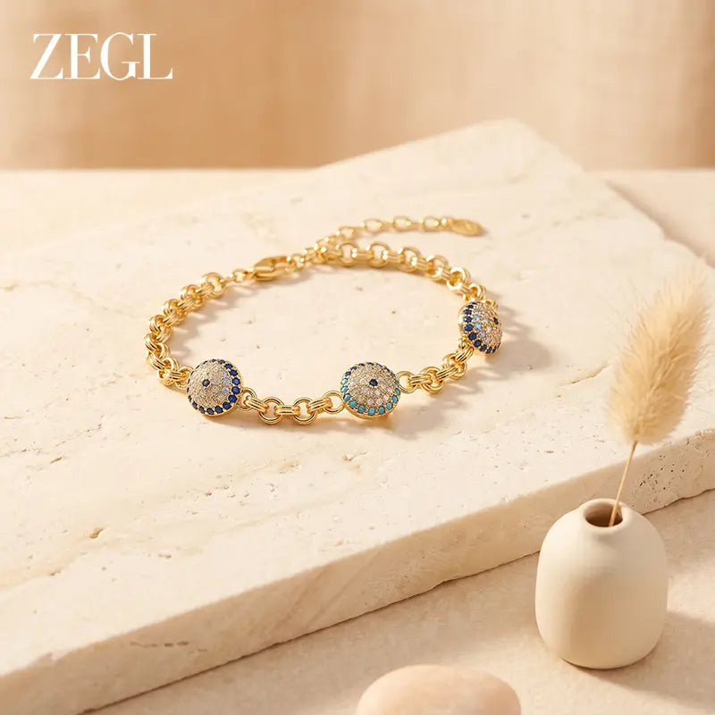 ZEGL Evil Eye Protection Bracelet for Women, Gold Plated Textured Link Chain with Micro-Pave Crystal Charms, Lucky Amulet Jewelry, 2026 Fashion Trend Gift