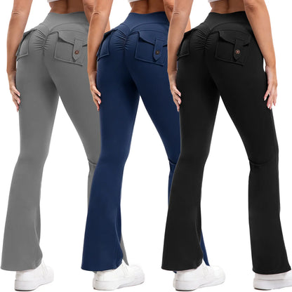 3PCS Women'S High-Waisted Boot Style Carved Pleated Buttocks Flare Leggings Stretch Training and Fitness Flared , Super Comfortable Daily Pants Shapewear Leggings Gym Exercise Leggings