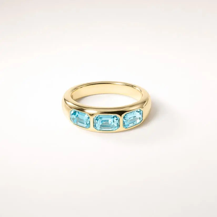 14K Gold Plated Triple Emerald-Cut Aquamarine Blue Dome Ring Chunky Statement Band for Women