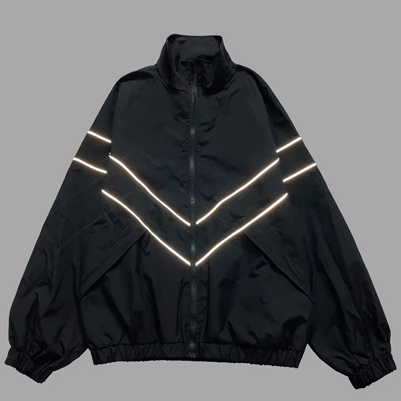 Elevate Your Style with Our Reflective Striped Hip Hop Jacket! Perfect for Streetwear Lovers! 🖤💙 #Fashion #StreetStyle #Harajuku