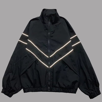 Elevate Your Style with Our Reflective Striped Hip Hop Jacket! Perfect for Streetwear Lovers! 🖤💙 #Fashion #StreetStyle #Harajuku