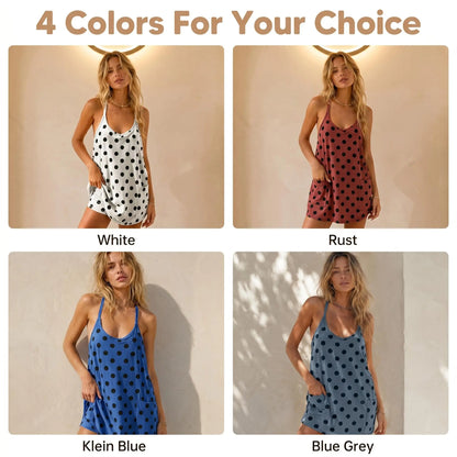 Tanming Women'S Sleeveless V-Neck Spaghetti Strap Summer Polka Dot Tennis Dress with Built-In Shorts & Pockets, Versatile for Active, Athleisure, Comfortable & Daily Casual Use, Active Casual Dresses