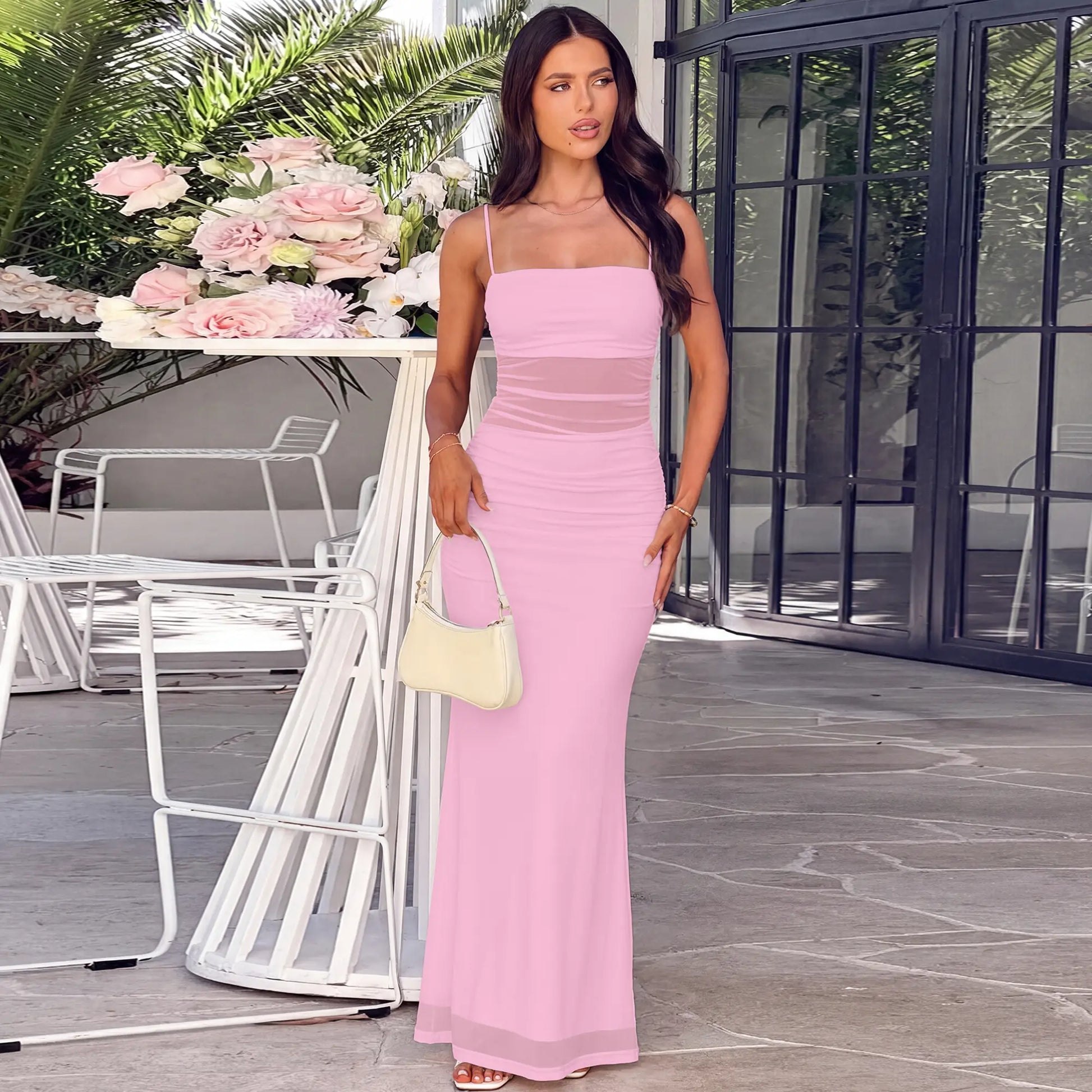 Kaximil Women'S Mesh Bodycon Maxi Dress Sexy Backless Square Neck Long Cocktail Dress for Wedding Guest, Summer Vacation, Graduation Prom & Party 2026 Ruched Spaghetti Strap Semi Formal Aesthetic Dress Breathable Soft Womenswear