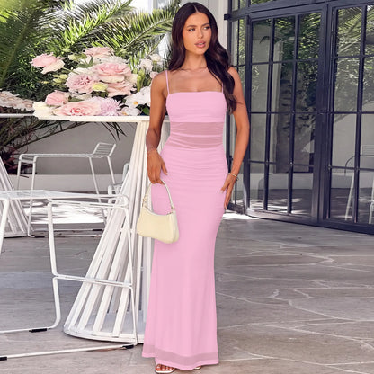 Kaximil Women'S Mesh Bodycon Maxi Dress Sexy Backless Square Neck Long Cocktail Dress for Wedding Guest, Summer Vacation, Graduation Prom & Party 2026 Ruched Spaghetti Strap Semi Formal Aesthetic Dress Breathable Soft Womenswear