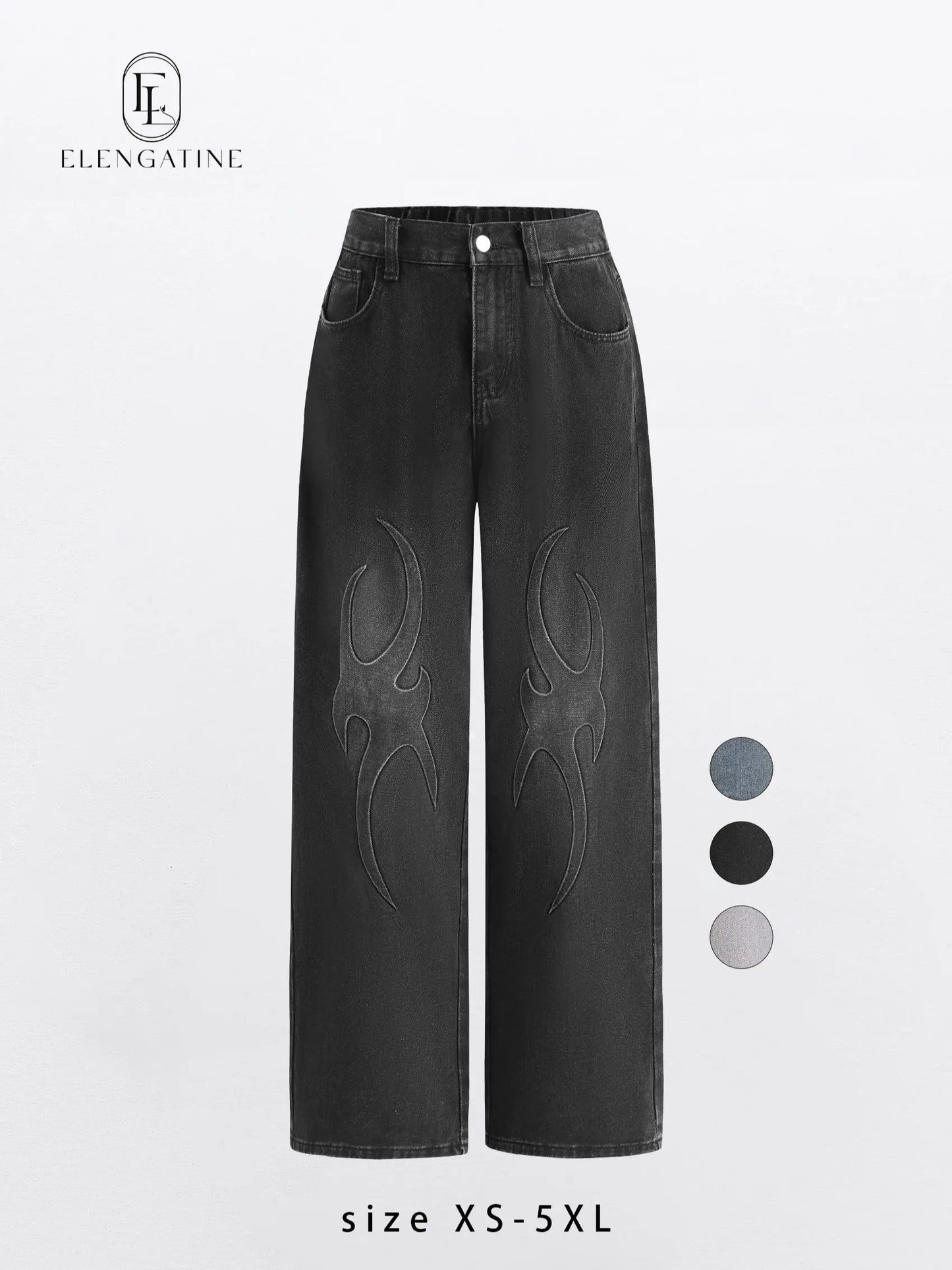 Elengatine Embossed Flame Pattern Denim Jeans for Women Light Wash Loose Wide Leg Silhouette Elastic Waistband Y2K Streetwear Inspired Soft Viscose Cotton Blend Casual Outfits Stand Out Fashion Piece