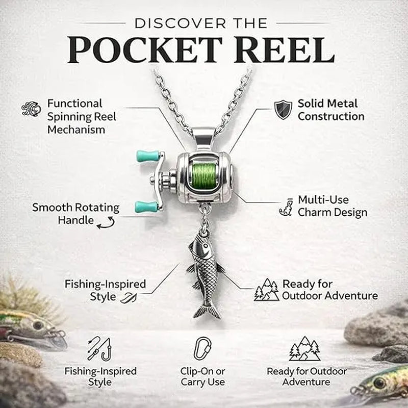 Mini Fishing Reel Necklace, Interactive Stainless Steel Pendant with Real Adjustable Line & Fish Charm , Unique Fidget Gift for Anglers, Dad, Fisherman