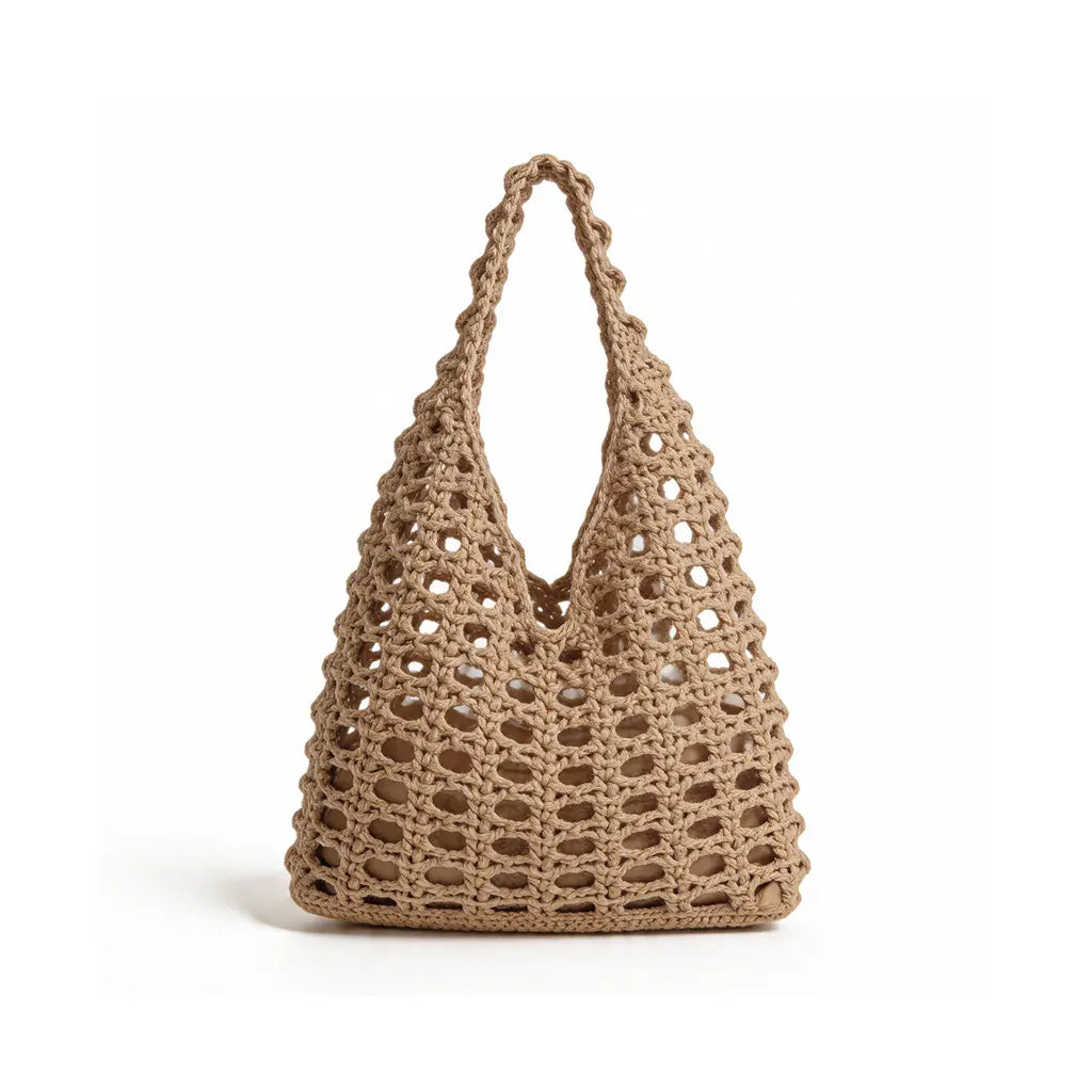 The Boho Crochet Tote - Elegant Beige Macrame Net Bag with Inner Lining for Summer Beach Market