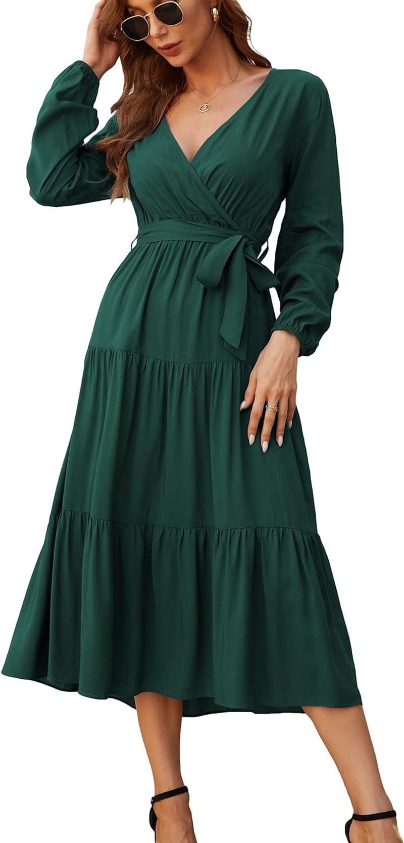 Elevate your fall style with our gorgeous Green Wrap V Neck Midi Dress! Perfect for parties and casual outings! 🍂💚✨ #Fashion #FallStyle #OOTD