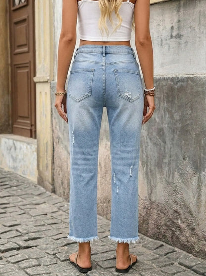 Women'S Loose-Fit Straight Ripped Cropped Jeans, Casual Denim Capri Pants, Elastic Fabric, All-Season Wear, Perfect for Outing and Dates