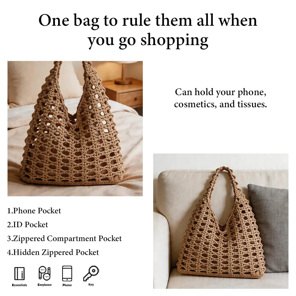 The Boho Crochet Tote - Elegant Beige Macrame Net Bag with Inner Lining for Summer Beach Market