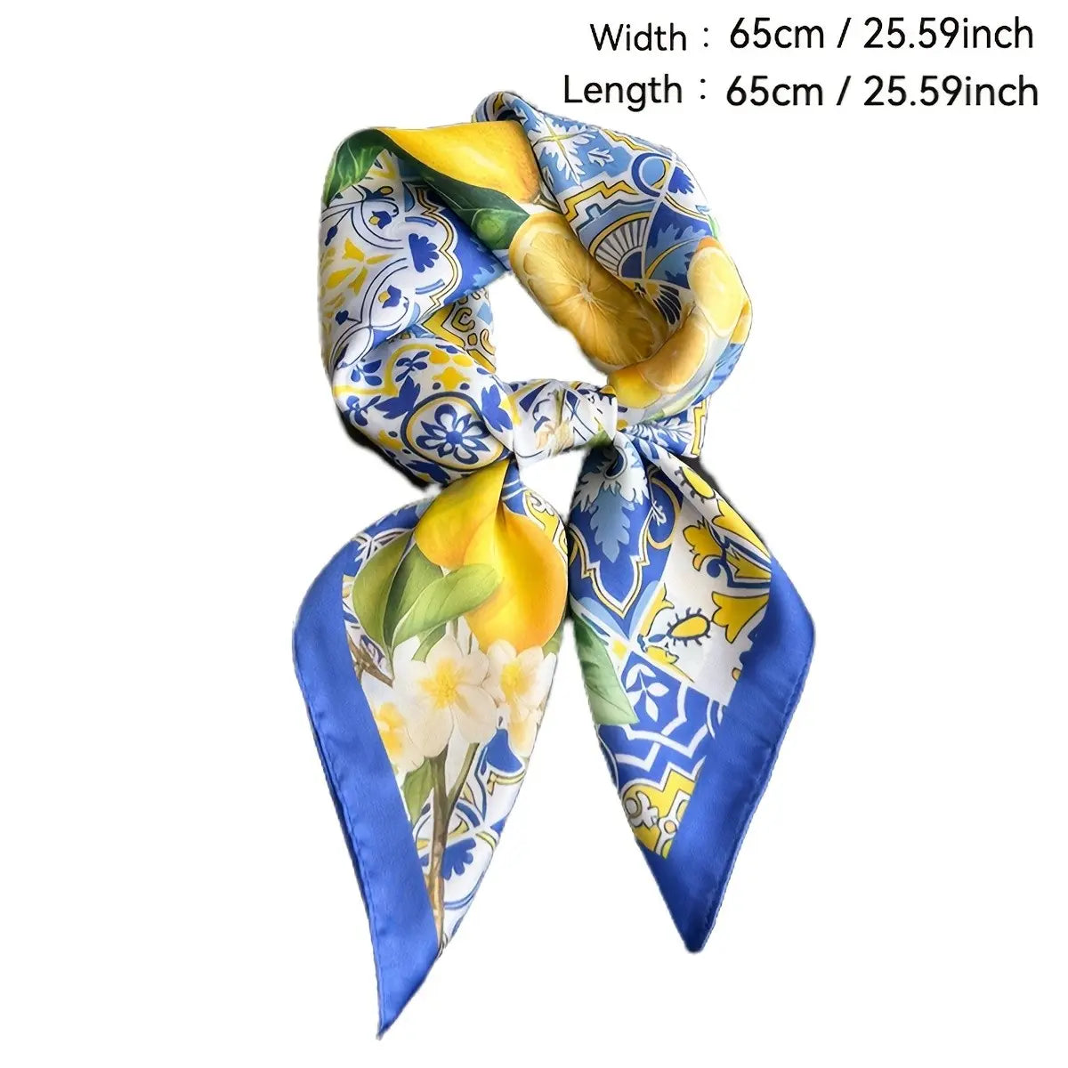 1PC Blue Imitation Silk Square Scarf, a Stylish Lemon Print Headscarf, a Women'S Decorative Neckerchief, a Soft and Silky Shawl Suitable for All Seasons, Floral Headscarf