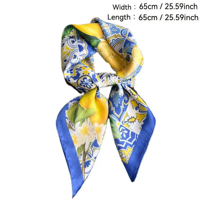1PC Blue Imitation Silk Square Scarf, a Stylish Lemon Print Headscarf, a Women'S Decorative Neckerchief, a Soft and Silky Shawl Suitable for All Seasons, Floral Headscarf