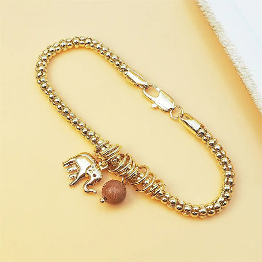 14K Gold Plated Beaded Chain Bracelet with Lucky Elephant Charm & Sunstone Pendant - Good Luck Statement Jewelry for Women, Lobster Clasp, Adjustable